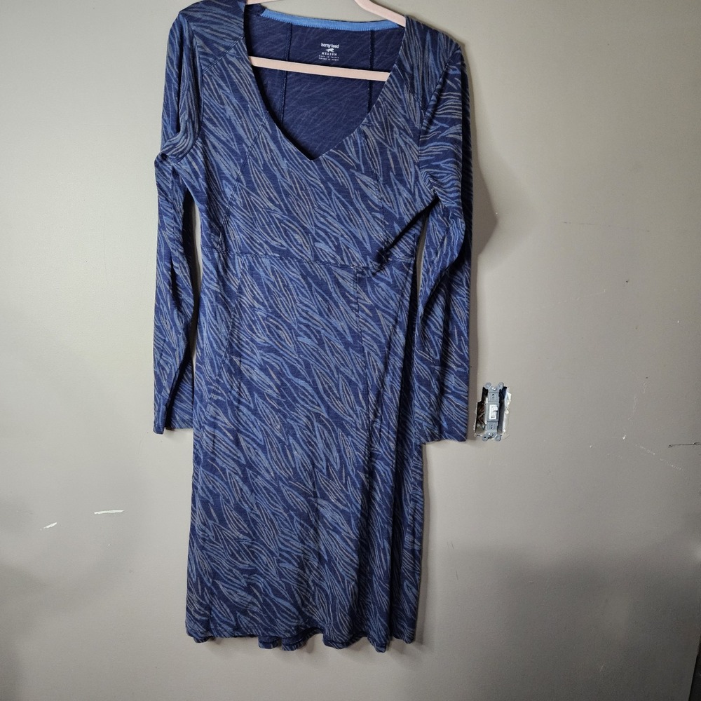Horny Toad Abstract Midi Dress Blue Gray Long Sleeve V-Neck Fit & Flare M Ptp 16